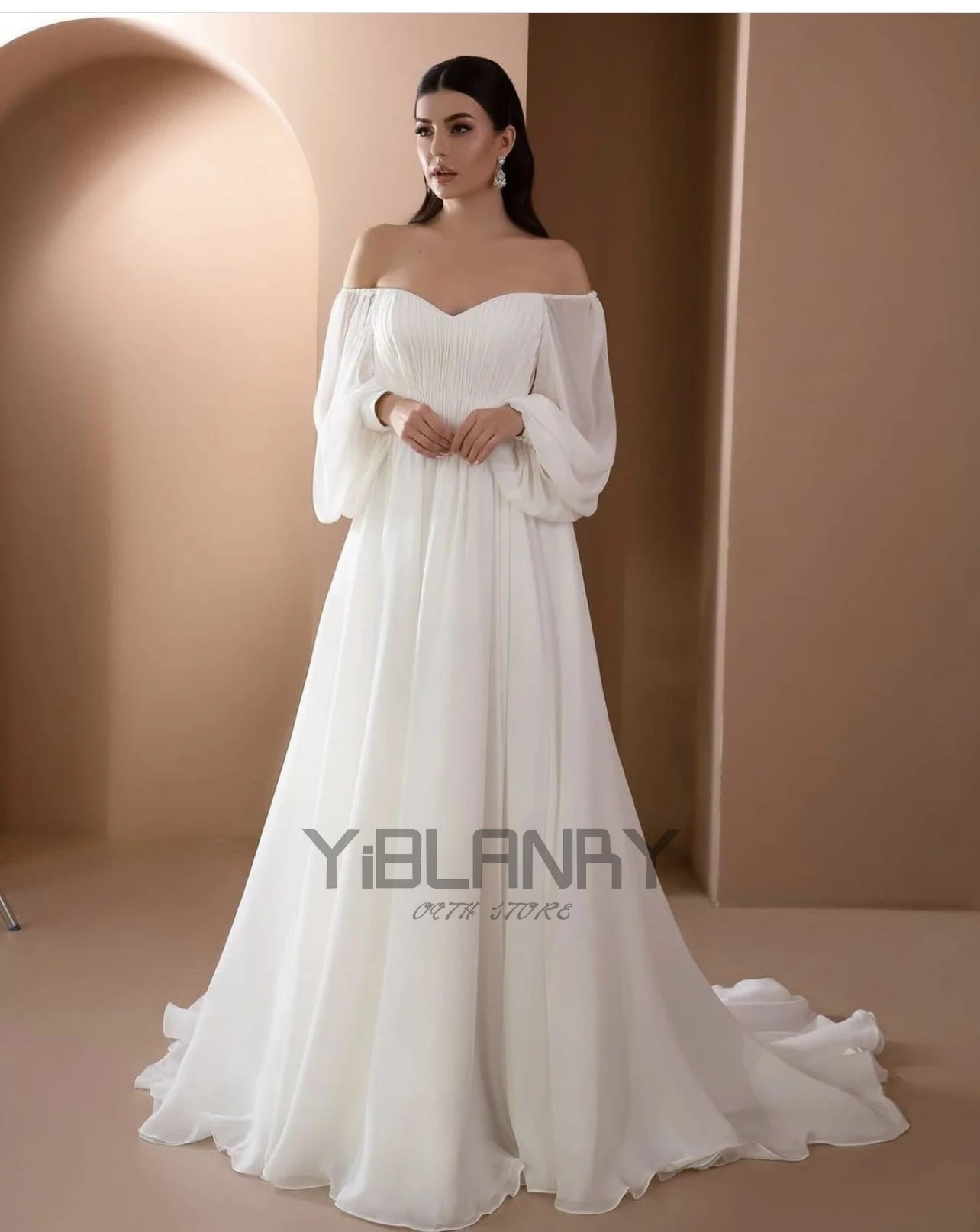 

Dignified Wedding Dress Chiffon With Sweetheart Train Full Sleeve Backless Zipper With Tailor-maderobe