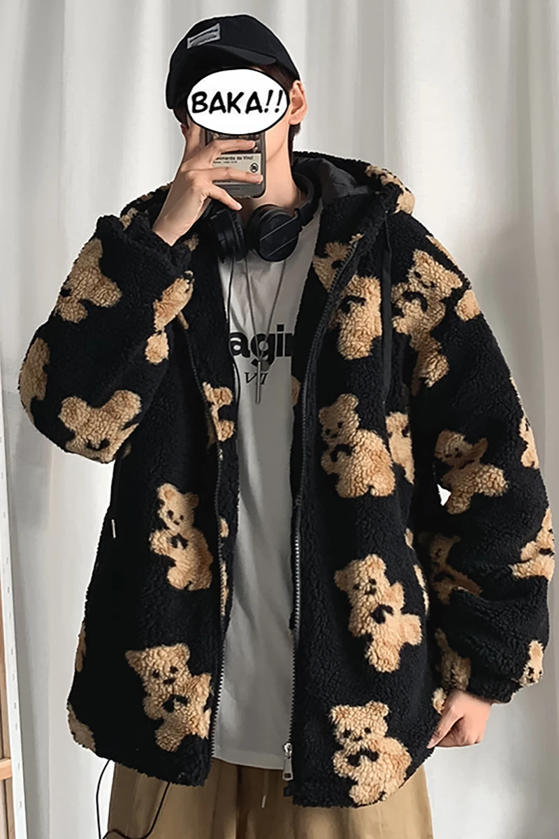 

Men's Winter Jacket Velvet Covered Bear Lambs Wool Cotton-padded Clothes Loose Male Lovers Warm Thick Coat Fleece Jackets Mens