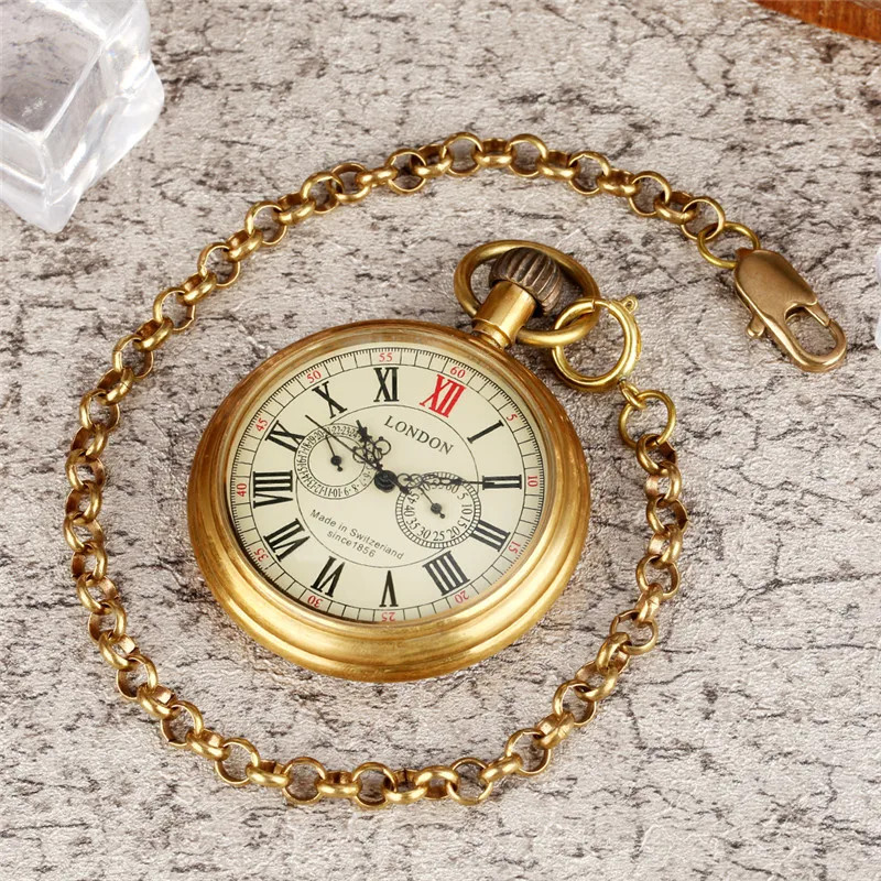 Vintage Copper Brass Roman Numerals Men's Automatic Mechanical Pocket Watch Self Winding Pendant Clock with FOB Chain reloj Gift