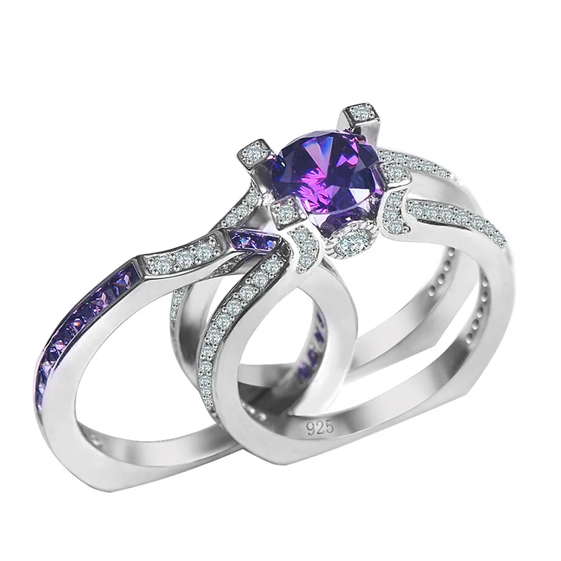 purple Кольцо Bague Ringen из стерлингового серебра пробы с круглым драгоценным камнем Рубин Размер 5-10 Подарок на годовщину Женские аксессуары серебряные украшения - Цвет камня: purple