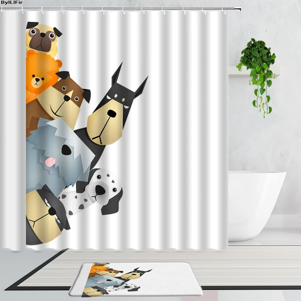 

3D Funny Cartoon Cat And Dog Bathroom Shower Curtains Set Cute Animal Children Decor Bathtub Curtain Non-Slip Bath Mats Carpet