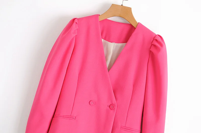 Women's suit jacket autumn new style fashion temperament rose red V-neck shrugged bubble sleeve mid-length suit jacket female
