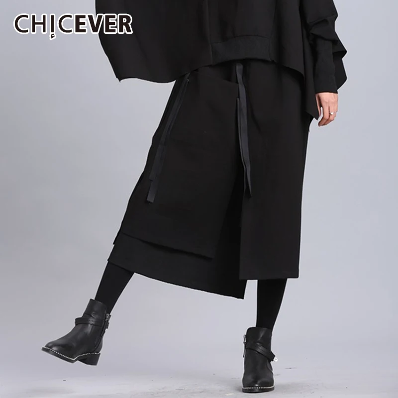 

CHICEVER черные повседневные свободные прямые юбки для женщин с высокой талией в стиле пэчворк уличная Однотонная юбка для женщин осенняя одеж...