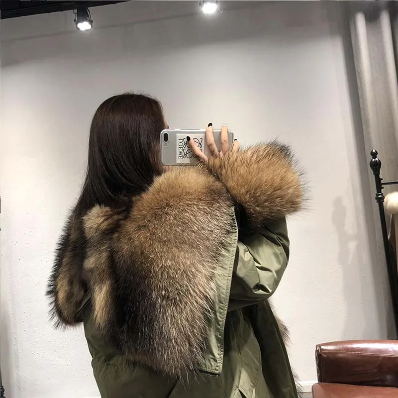 High Quality Winter Women Raccoon Dog Fur Detachable Coats Down Liner Green Long Puff Sleeve Warm Thick Female Real Fur Overcoat enlarge