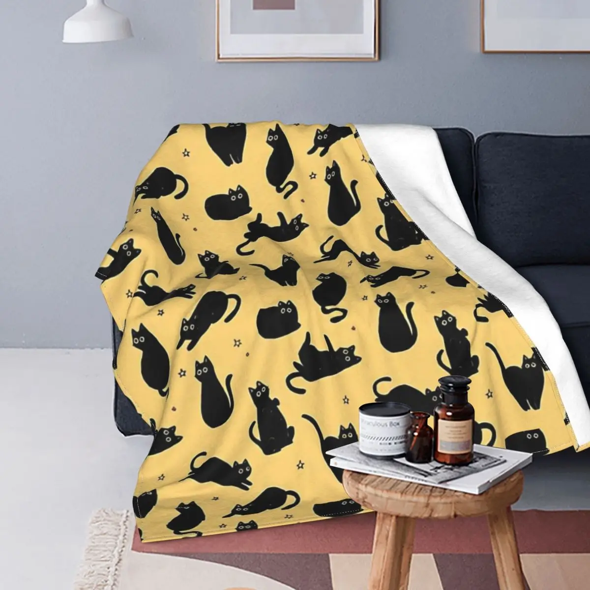 

Black Cat Blanket Animal Printed Stitch Cotton Portable Coral Fleece Throw Blankets For Couch Travel