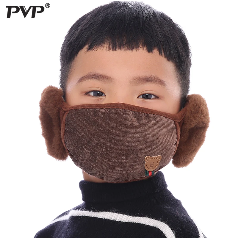 Brown PVP модные зимние теплые 2 в 1 маска для рта наушники мультфильм пыли и ветра защитная маска для детей - Цвет: Brown