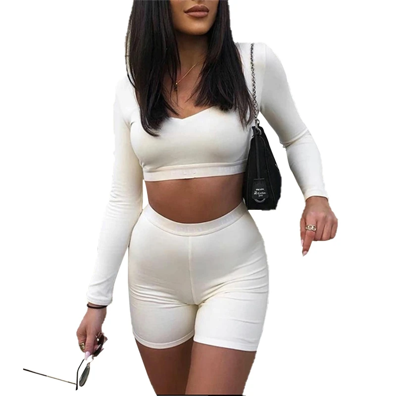 

Solid Bodycon Women Matching Set Long Sleeve Fashion Casual Two Piece Outfits Basic Crop Top And Biker Shorts Sets 2021