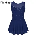 TiaoBug Детские подростковые без рукавов блестящие стразы Тюлевое платье для фигурок катания на коньках гимнастическое трико для девочек балетный костюм танцевальная одежда