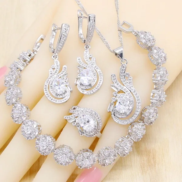 4PCS with bracelet Белый AAA Цирконий 925 Серебряный свадебный ювелирный набор для женщин браслет серьги ожерелье кулон кольцо подарок на день рождения свадьбу - Окраска металла: 4PCS with bracelet