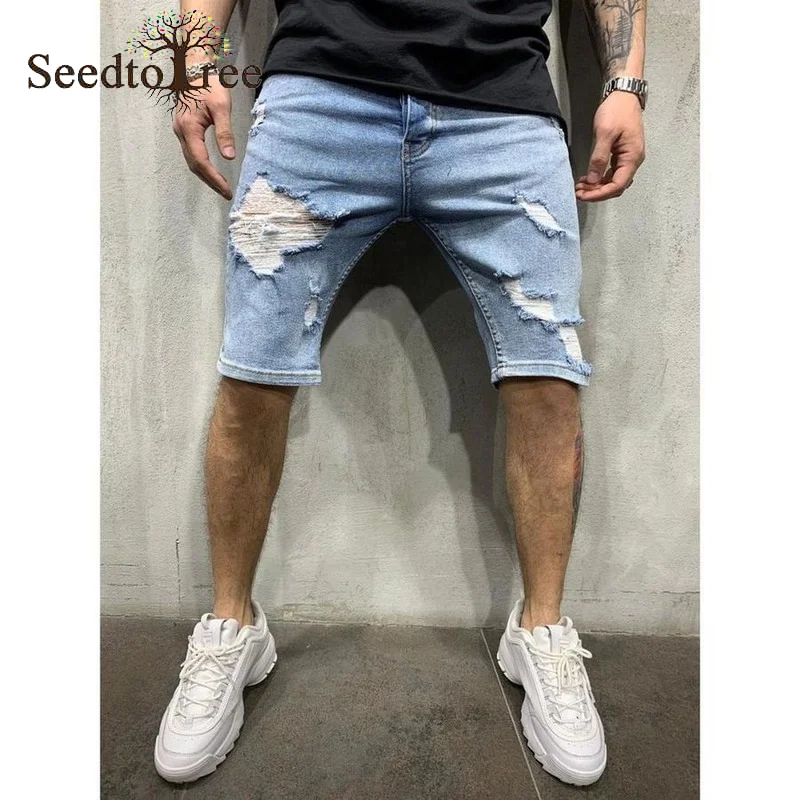 Summer Solid Color Hole Men's Jeans Shorts Slim Denim Knee Length Pants