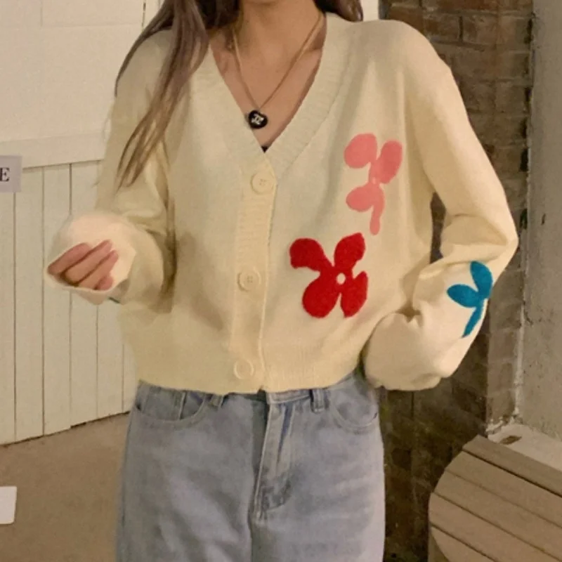 

Вязаный кардиган с цветочной вышивкой, милый мягкий свитер в стиле преппи, Женская осенне-зимняя одежда, Новые короткие топы