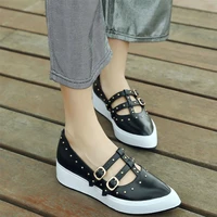 2022 rivets loafers women genuine leather fashion sneakers wedges platform pumps shoe female pointed toe mary janes casual shoes