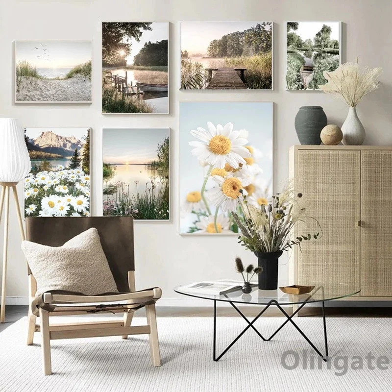 

Sunset Nature Landscape Scandinavian Canvas Painting Poster Spring Flower Lake Nordic Wall Art Picture And Print Decoration Gift
