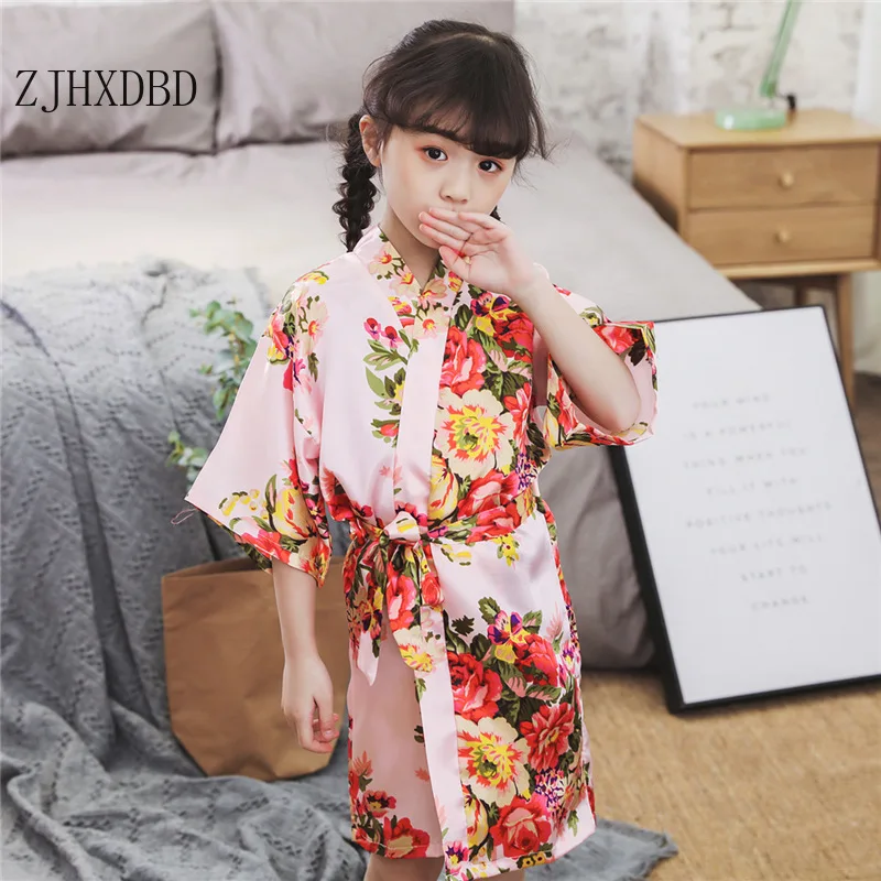

Bathrobe Kids Children Clothes Girls New Silk Satin Kimono Robes Bathrobe Peony Floral Sleepwear Birthday Girls Nightgown Dress