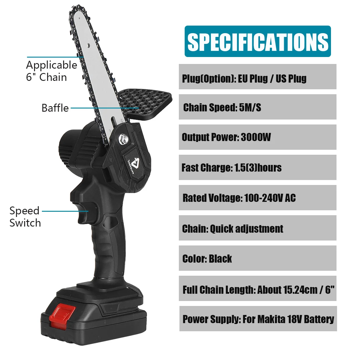 6 Inch 3000W Electric Chain Saw Pruning ChainSaw Cordless Garden Tree Logging Trimming Woodworking Cutter Tool Kits | Инструменты