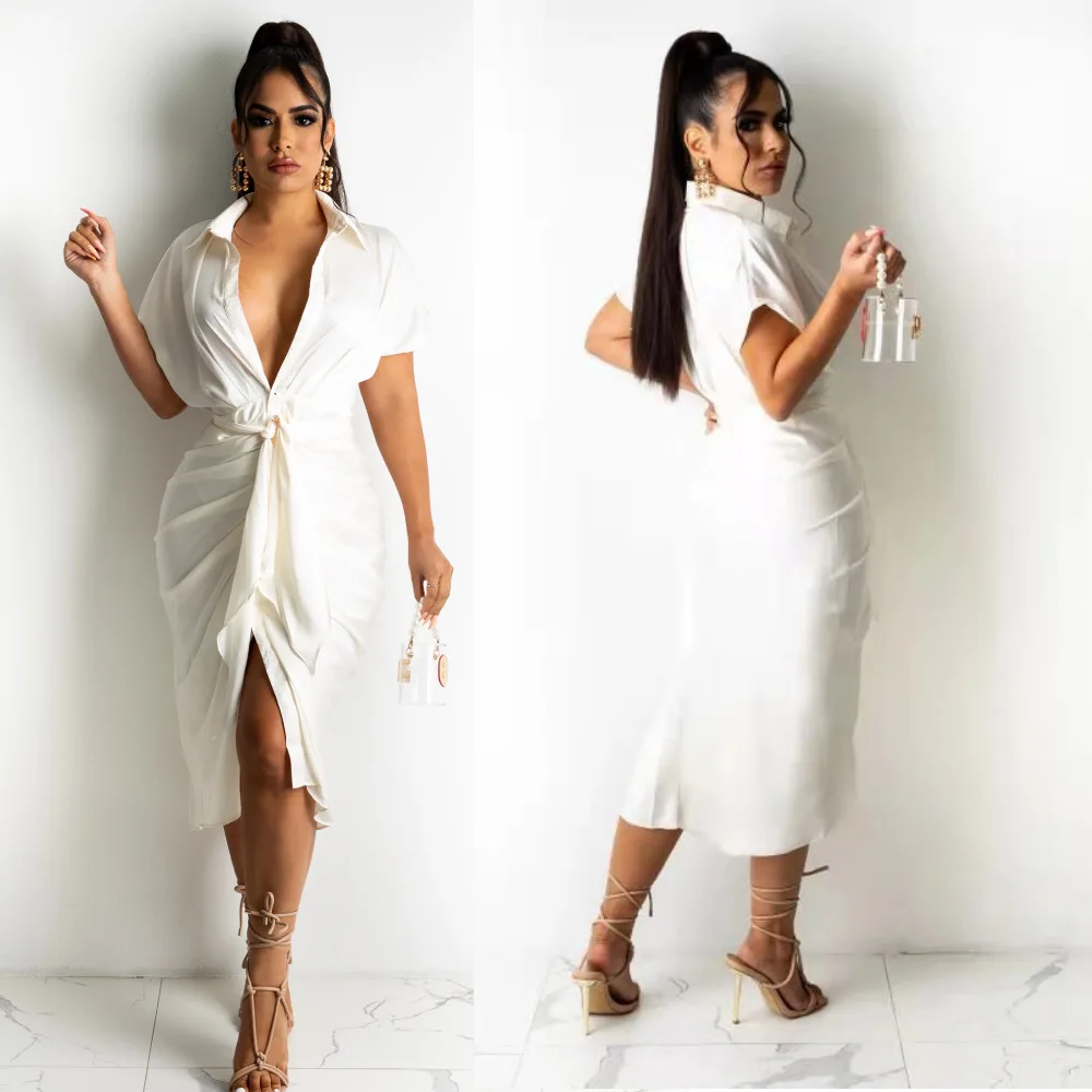 Женское платье-рубашка с поясом однотонное Привлекательное платье миди отложным