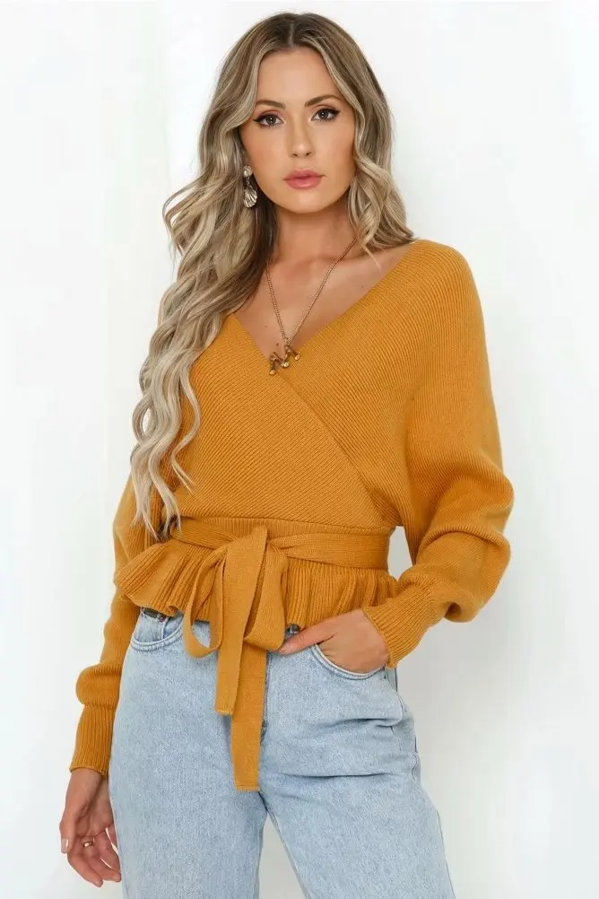 Fall Winter Women Sweater Ruffled Hem Strap Cross V-Neck Crop Top Pullovers Slim Sexy Bat Sleeve Knitwear Bandage Short | Женская одежда