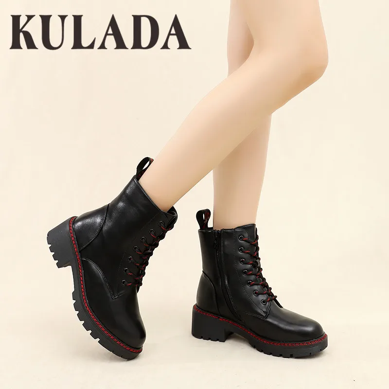 KULADA/женские ботинки Высококачественные Martens из искусственной кожи на платформе в
