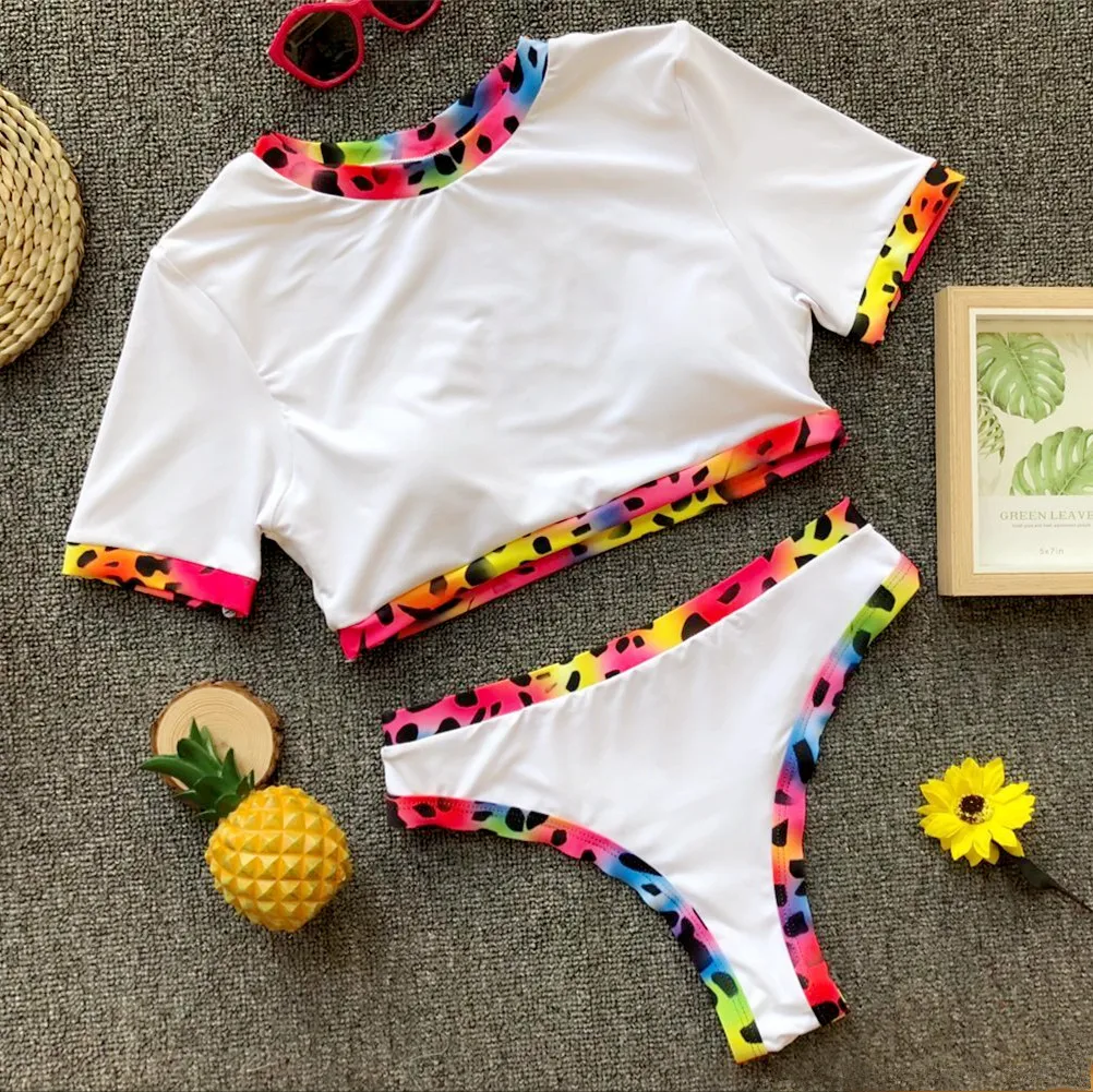 Rashguard 2 Piece Swimsuit Women Bathing Suit Swimwear High Neck Full Suit for Swimming Wakeboard - Color: 7st