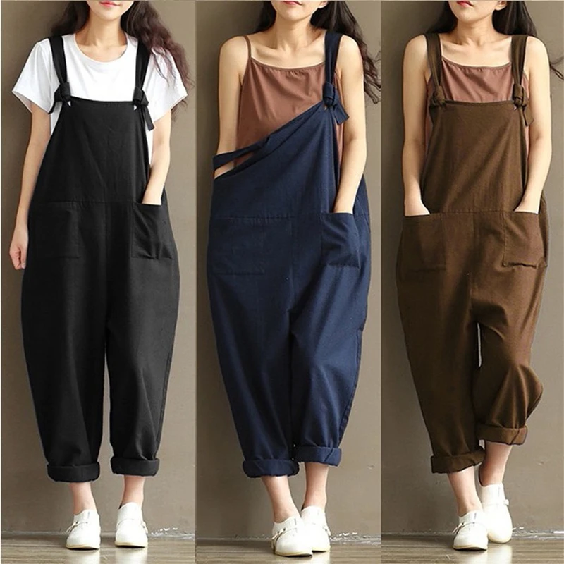 

Jumpsuit Women Summer 2020 Strappy Sleeveless Bib Overalls Rompers Pockets Dungaree Spring Cotton Linen Long Suspender Playsuit