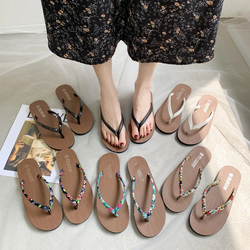 

Shoes Woman's Slippers Rubber Flip Flops Low Slides Shale Female Beach 2021 Hawaiian Flat Soft Summer Sabot PU Floral Basic Conc