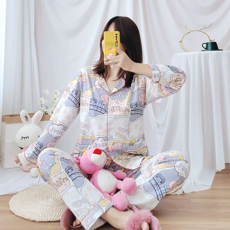 Autumn Spring 2022 Pajamas Women Pajama 100% Cotton Cartoon Female Cute Night Suit Long Sleeve Sleepwear Pant Pyjamas Sets
