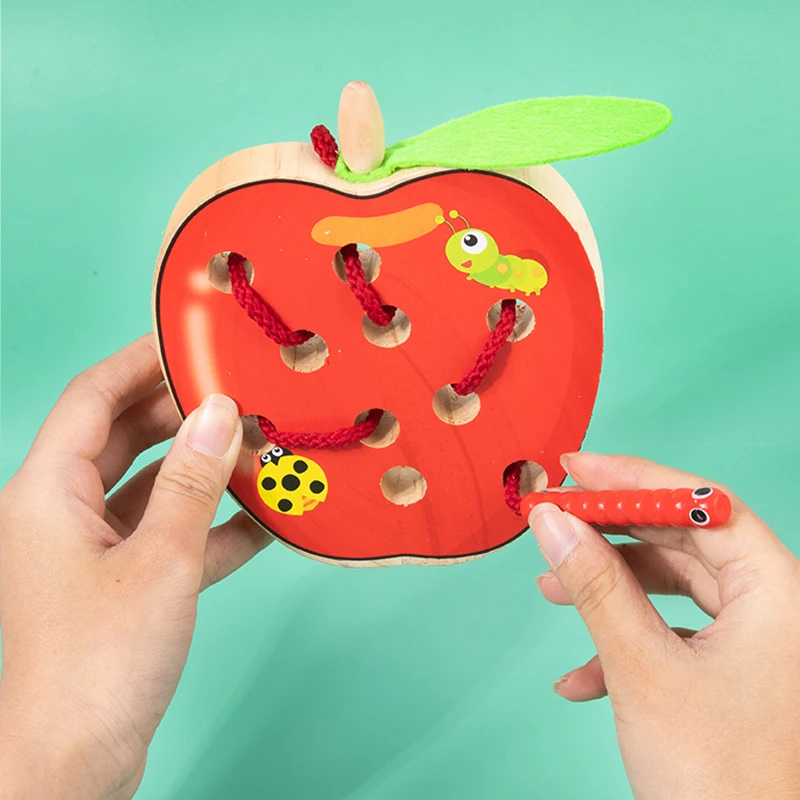 Caterpillar Went Through Hole Apple and Strawberrie Baby Wooden Threading Rope Game Montessori Daycare Children Educational Toys