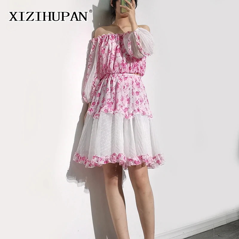 

XIZIHUPAN цветочный Комплект из двух предметов для женщин с воротником-лодочкой топ с высокой талией трапециевидная мини-юбка повседневные кос...