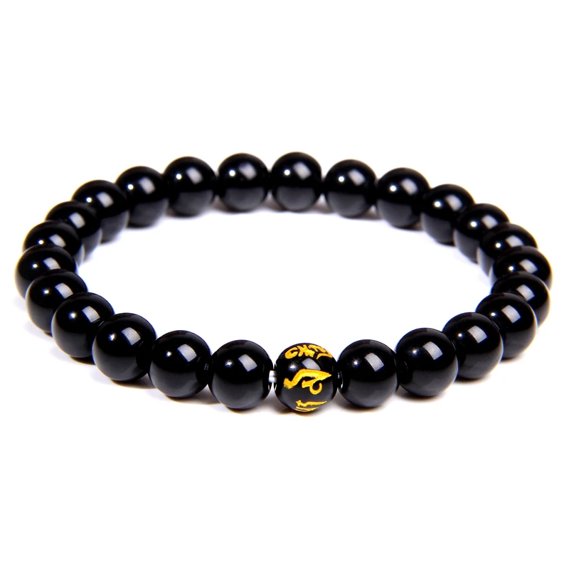 Мужской браслет из натурального камня тигровый глаз 8 мм круглый черный оникс