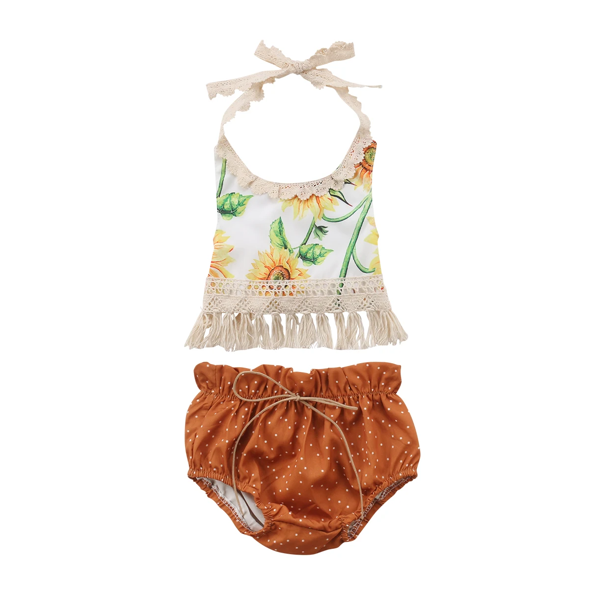 

Lovely Newborn Kids Baby Sunflower Set Baby Girls Flower Tassel Tops Sexy Backless T shirts Elastic Waist Shorts Outfits Sunsuit