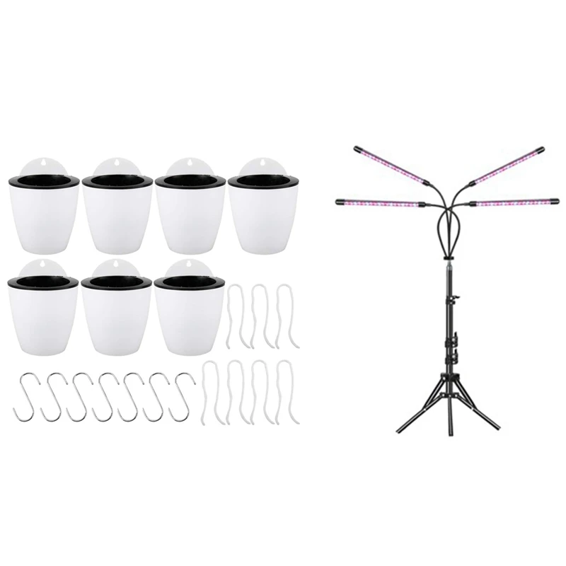 

7x Self Watering Hanging Planters for Plants Flowers & 1set Growth Light with Bracket US Plug