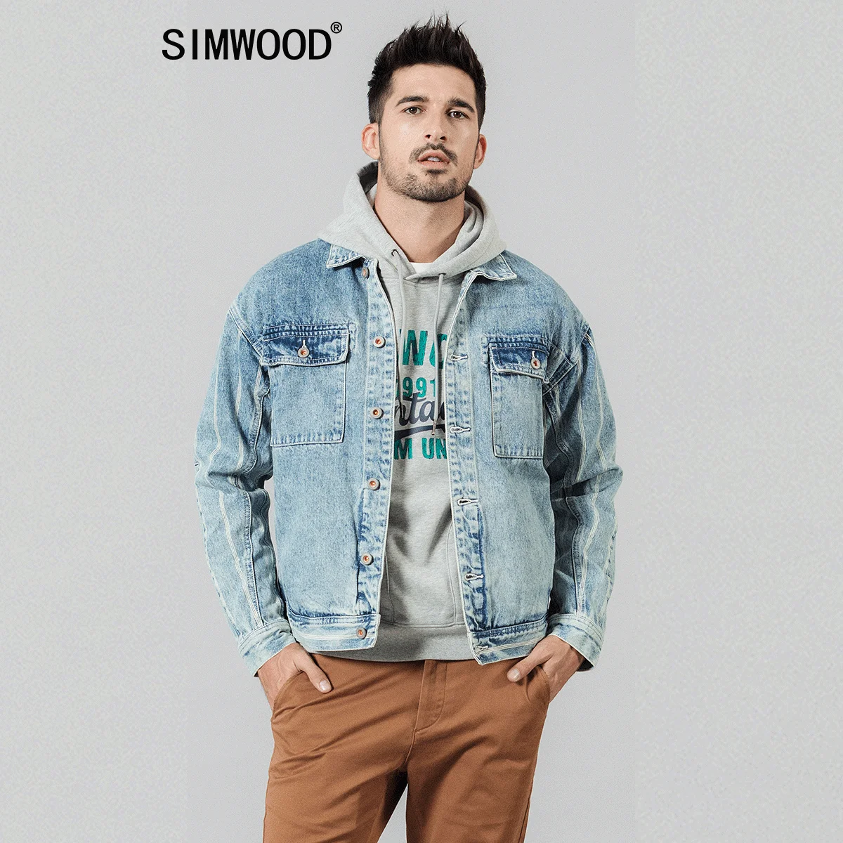 

SIMWOOD 2022 new denim jackets men double pocket vertical striped 100% cotton back Denim Chore Coats streetwear 1903561