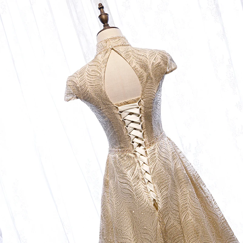 

Elegant Women Gold Short Sleeves Long Evening Dresses High Neck Floor Length Gown Lace Up Simple Wedding Party Formal Dress
