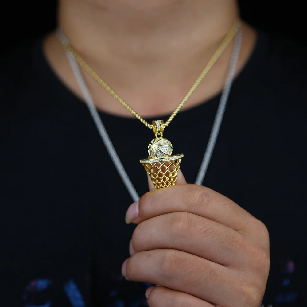 

Iced our hip hop basketball charm pendant with 5mm cz tennis chain rope chain long necklace for mens hip hip party jewelry