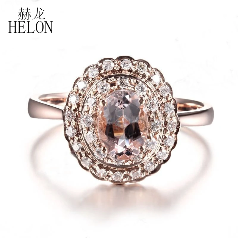 

HELON Solid 10K Rose Gold Flawless 7x5mm Oval Cut Genuine Morganite Diamond Fine Jewelry Engagement Wedding Women Diamonds Ring