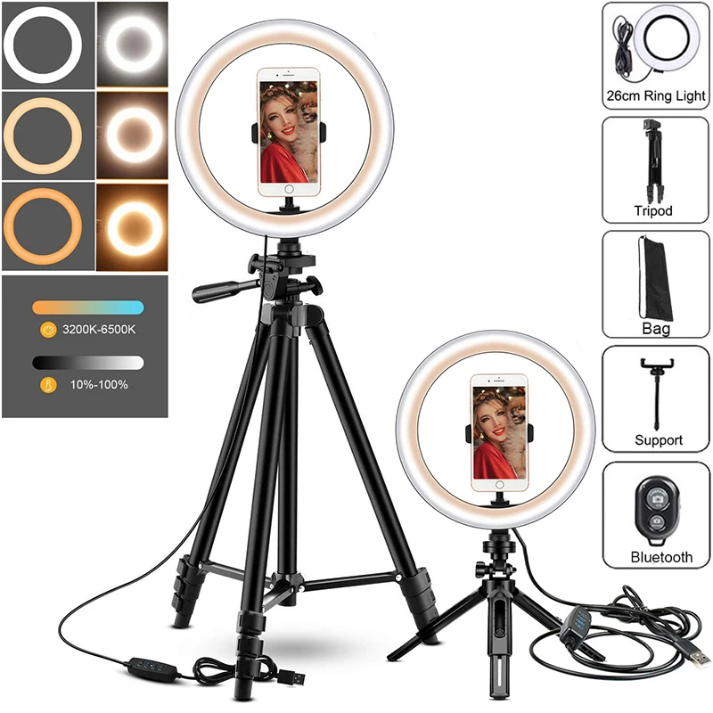 

26cm Photography Ringlight Lighting with Tripod Dimmable Fill Lamp LED Selfie Ring Light Phone Stand Trepied Makeup Youtube Live