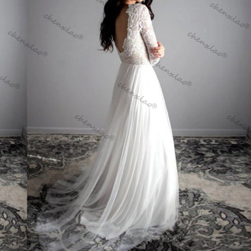 A line свадебное платье бохо кружева тюль Длинные свадебные платья рукава Простой