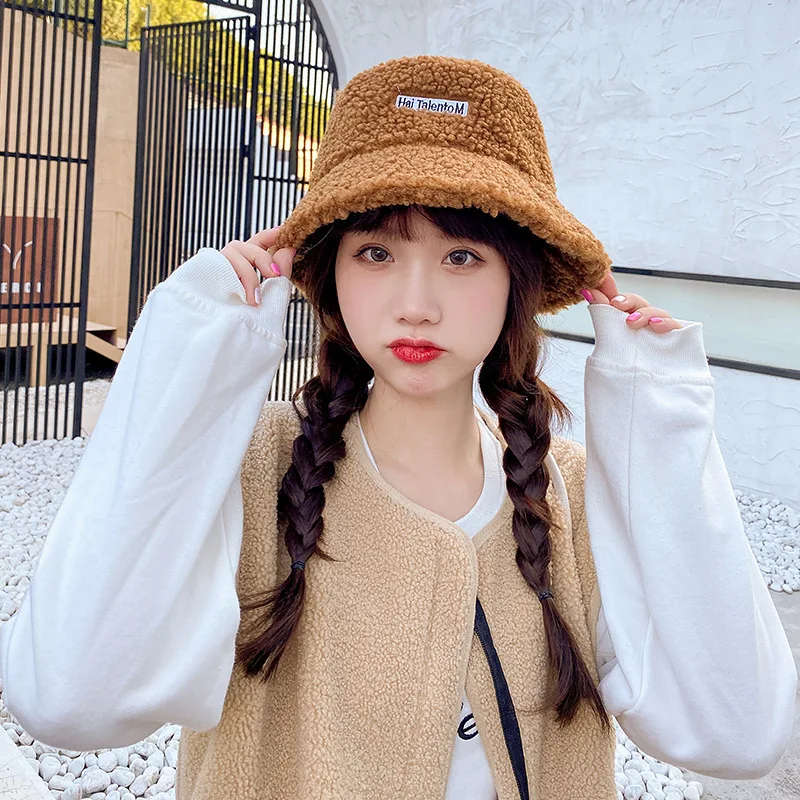 

New Women's Lamb Wool Hat Autumn and Winter Fisherman Hat Soft Letter Labeling Warm Fisherman Hat Solid Color Casual Panama Hat