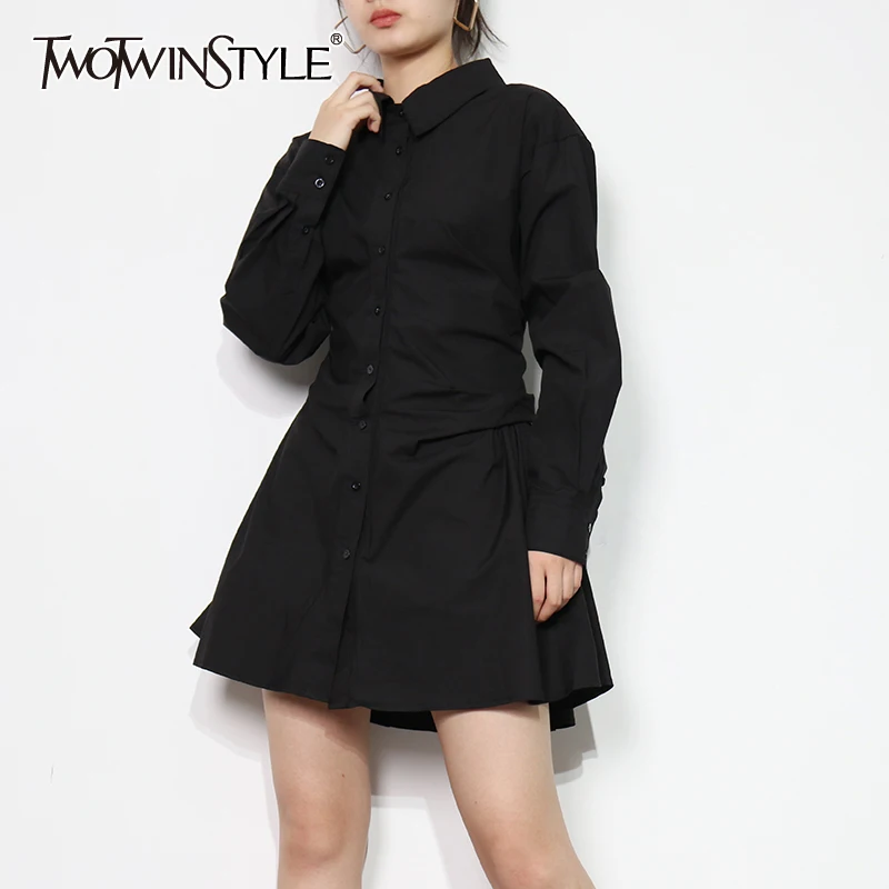

TWOTWINSTYLE Minimalist White Shirt For Women Lapel Long Sleeve High Waist Solid Casual Mini Dresses Female Fashion New Clothing