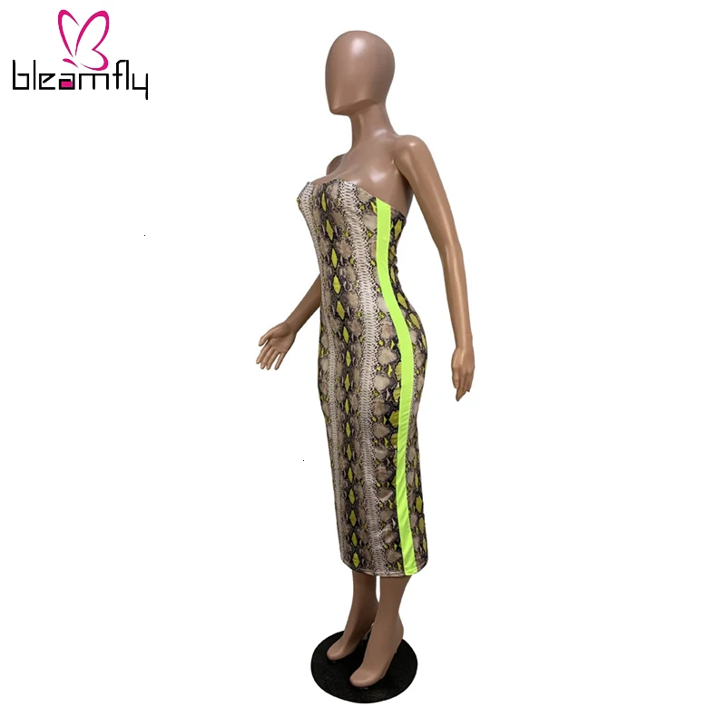 Неоновое желтое Сетчатое платье со змеиным принтом без бретелек облегающее
