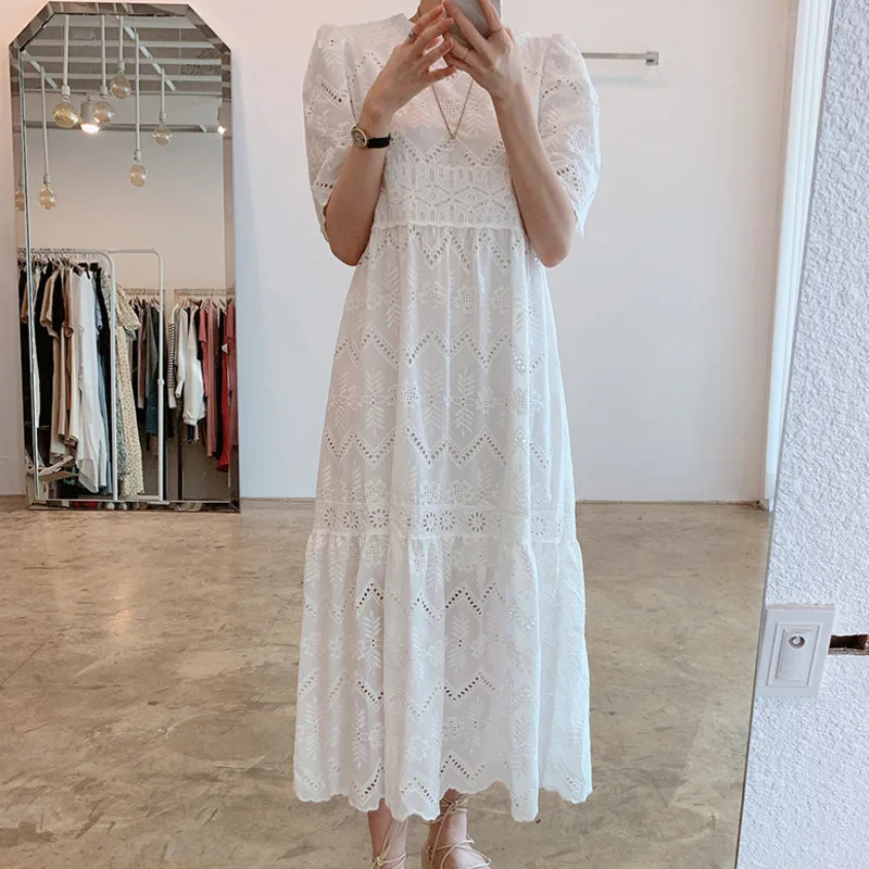 

SHENGPALAE White Hook Flower Hollow Dress Women's Summer 2021 New Round Neck Waist Short Sleeve Mid-calf Dresses Female 16F0889