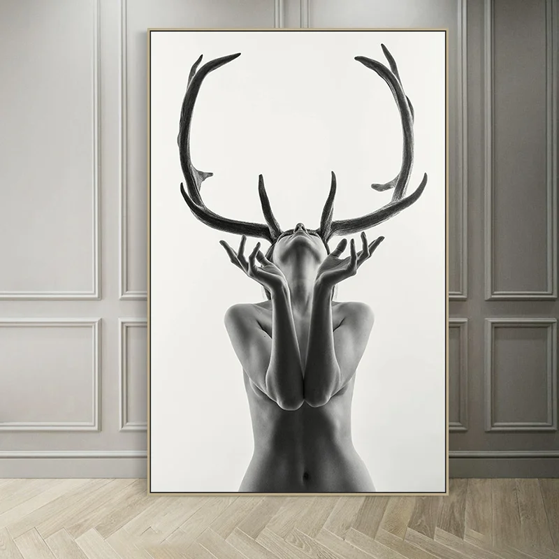 

Canvas Painting Nordic Simple Black and White Antlers Woman Model Abstract Art Print Poster Wall Picture for Home Decoration