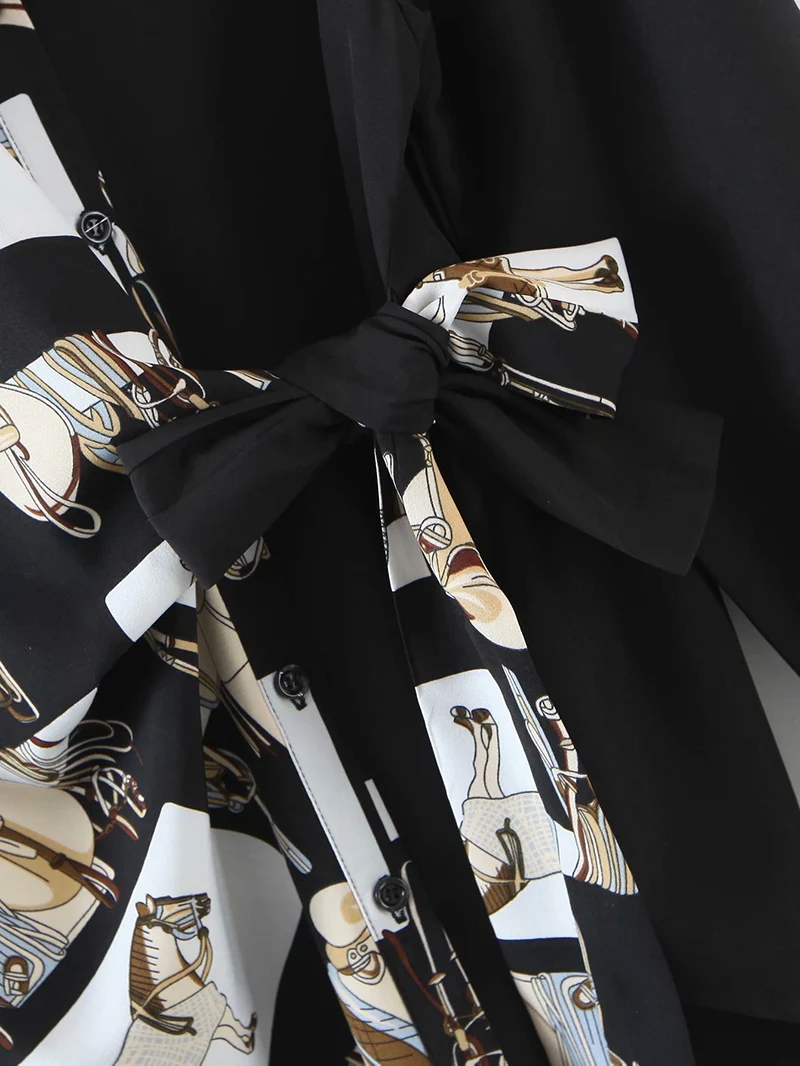 

Women Black Clothes Irregularity Printed OL Blouses Office Lady Blusas Belts Female Fashion Long Sleeve Top Tees Streetwear S049