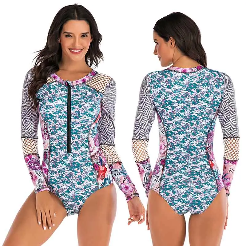Розовый New See Through Long Sleeve Rash guards Women Mesh Swimwear One Piece Swimsuit Sports Surf Beach wear Bikini Bathing Suits - Цвет: Розовый