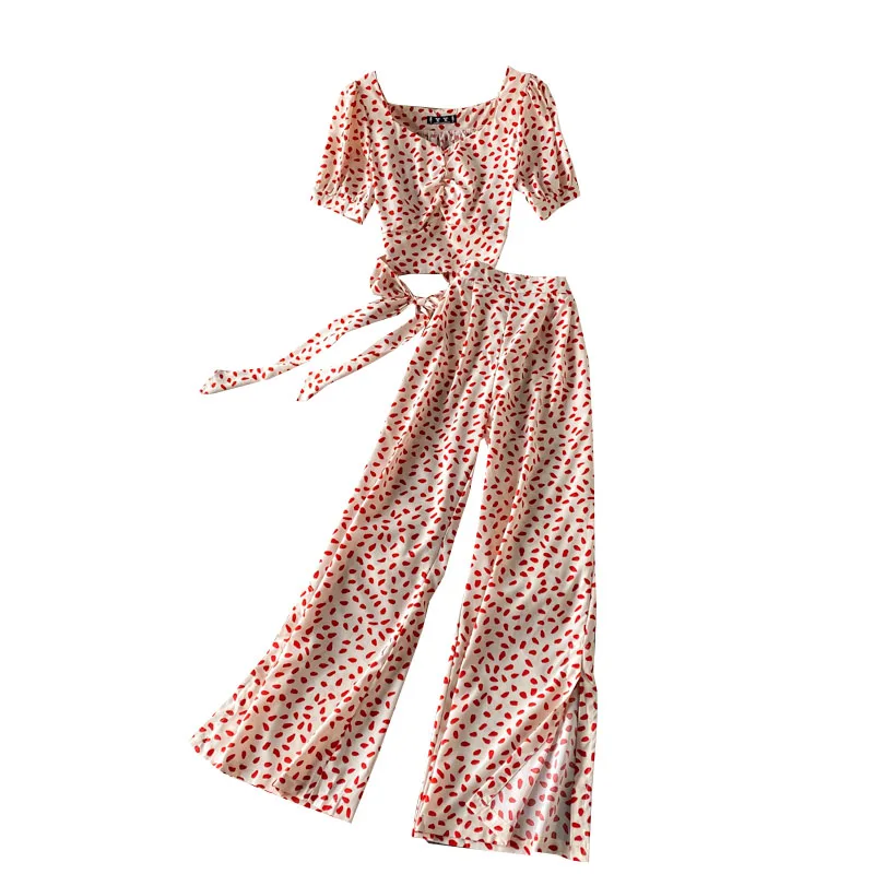 

Holiday Style Suit New Female Lace Waist Short V-neck Chiffon Shirt Two-piece High-waist Split Wide-leg Pants GK441