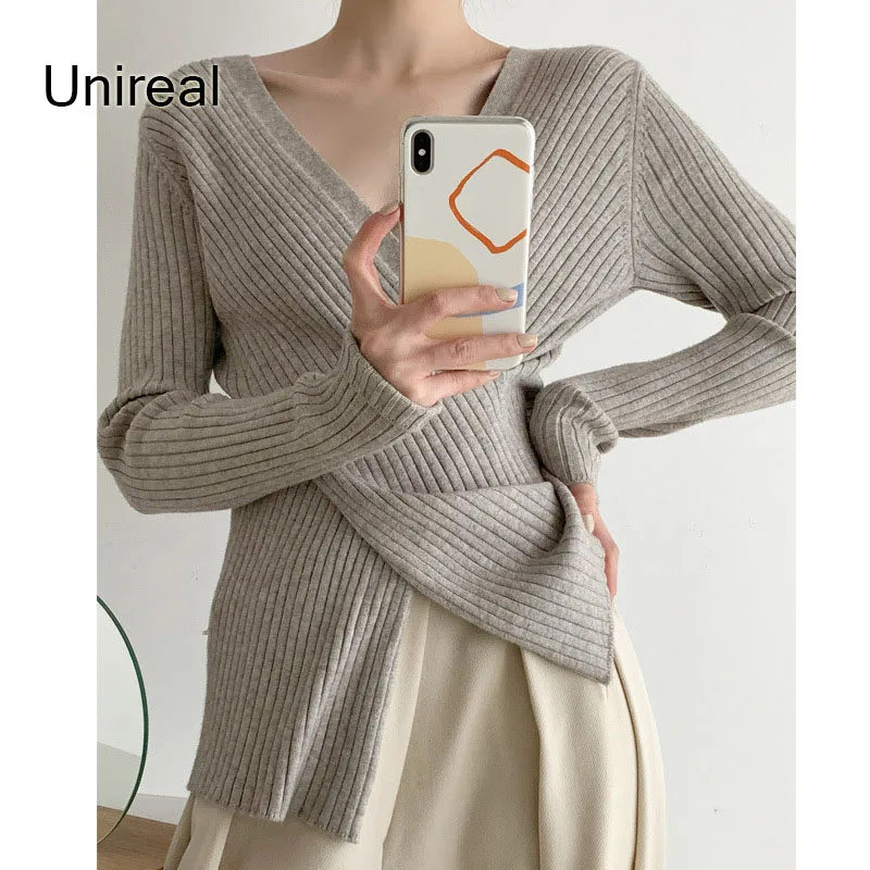 

Unireal 2022 Winter Women Pullover Sweater Slim Sexy Chic Temperament Gentle Female Casual Knitted Jumper