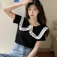 lace stitching lapel t shirt knitted t shirts for women girls cute doll collar lace tops