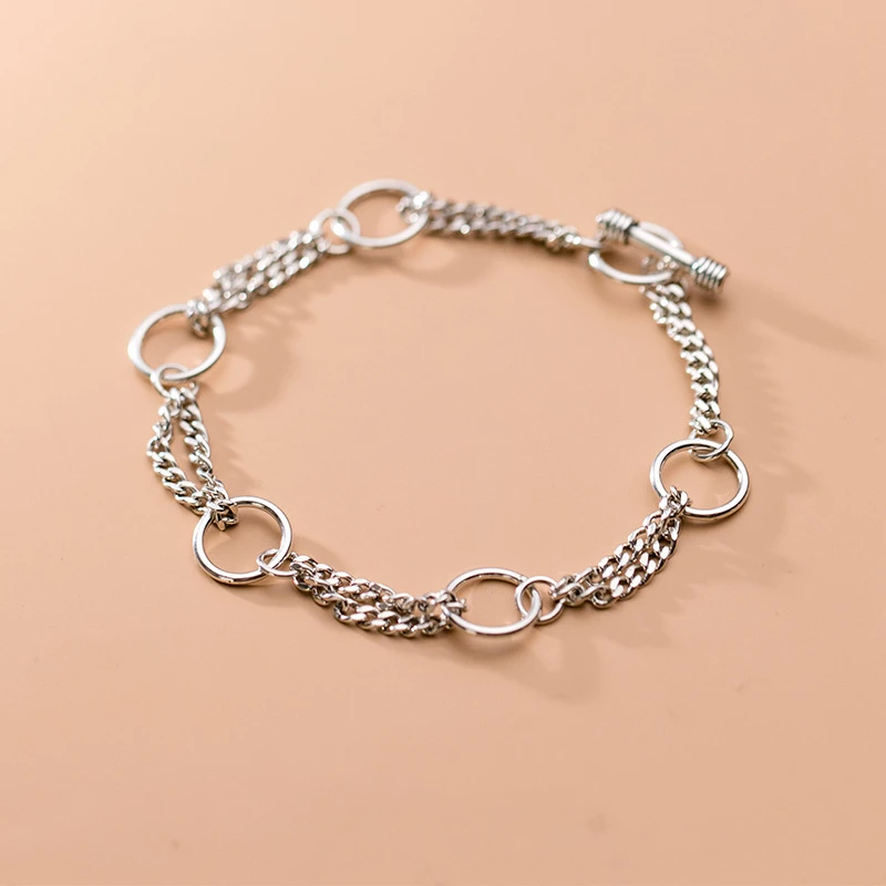 

925 Sterling Silver Street Trendy Jewelry Retro Double Chain Round Circle Bracelet Long 18CM For Women Men Fashion Jewelry Gift