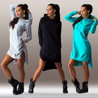 womens autumn and winter plus size long sleeved hoodie dress sweatshirt casual solid color split sweater hooded dress3xl