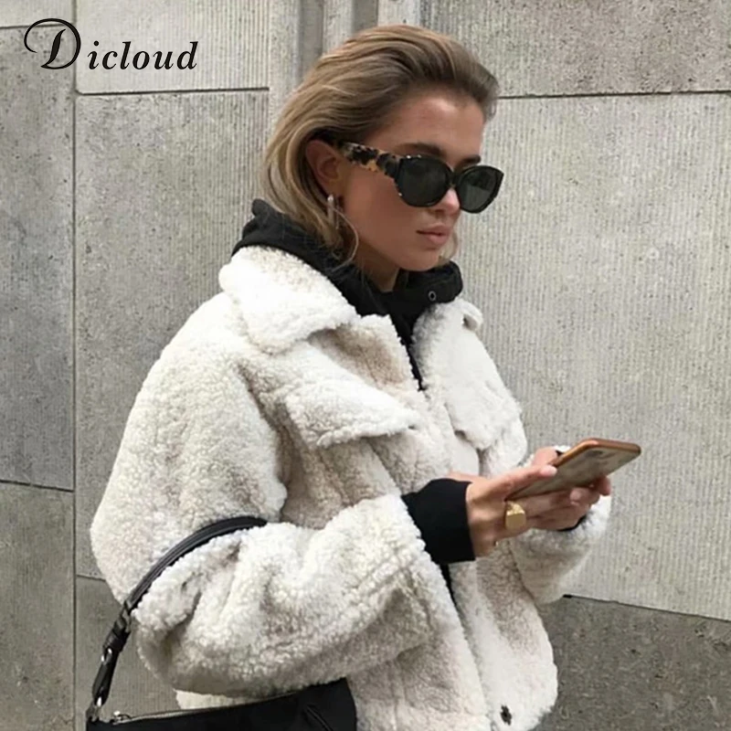 DICLOUD бежевый пуховик плюшевый жакет для женщин длинный рукав однобортный